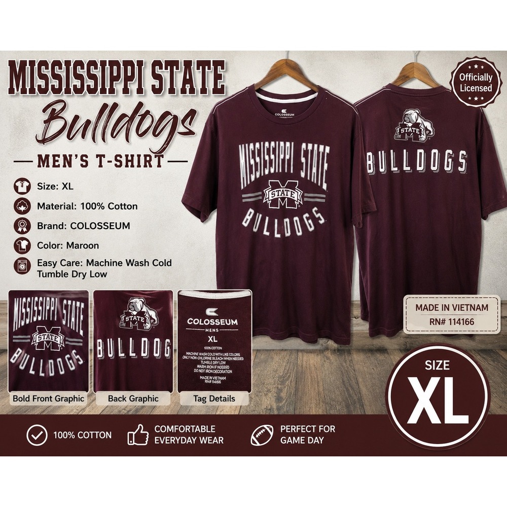 Colosseum Mississippi State Bulldogs Mens XL Maroon Graphic T-Shirt MSU Cotton